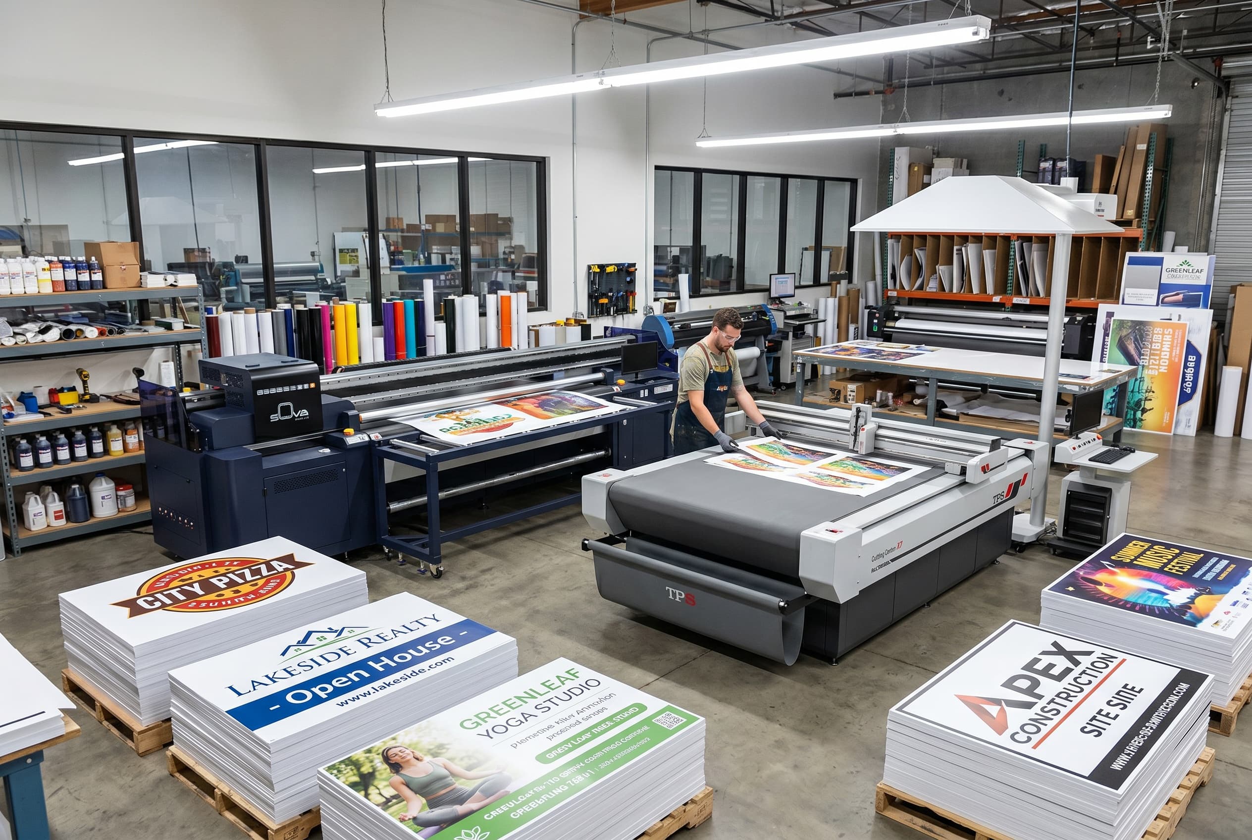 A print shop floor: a roll-to-roll printer, a flatbed cutter and pallets of finished signage